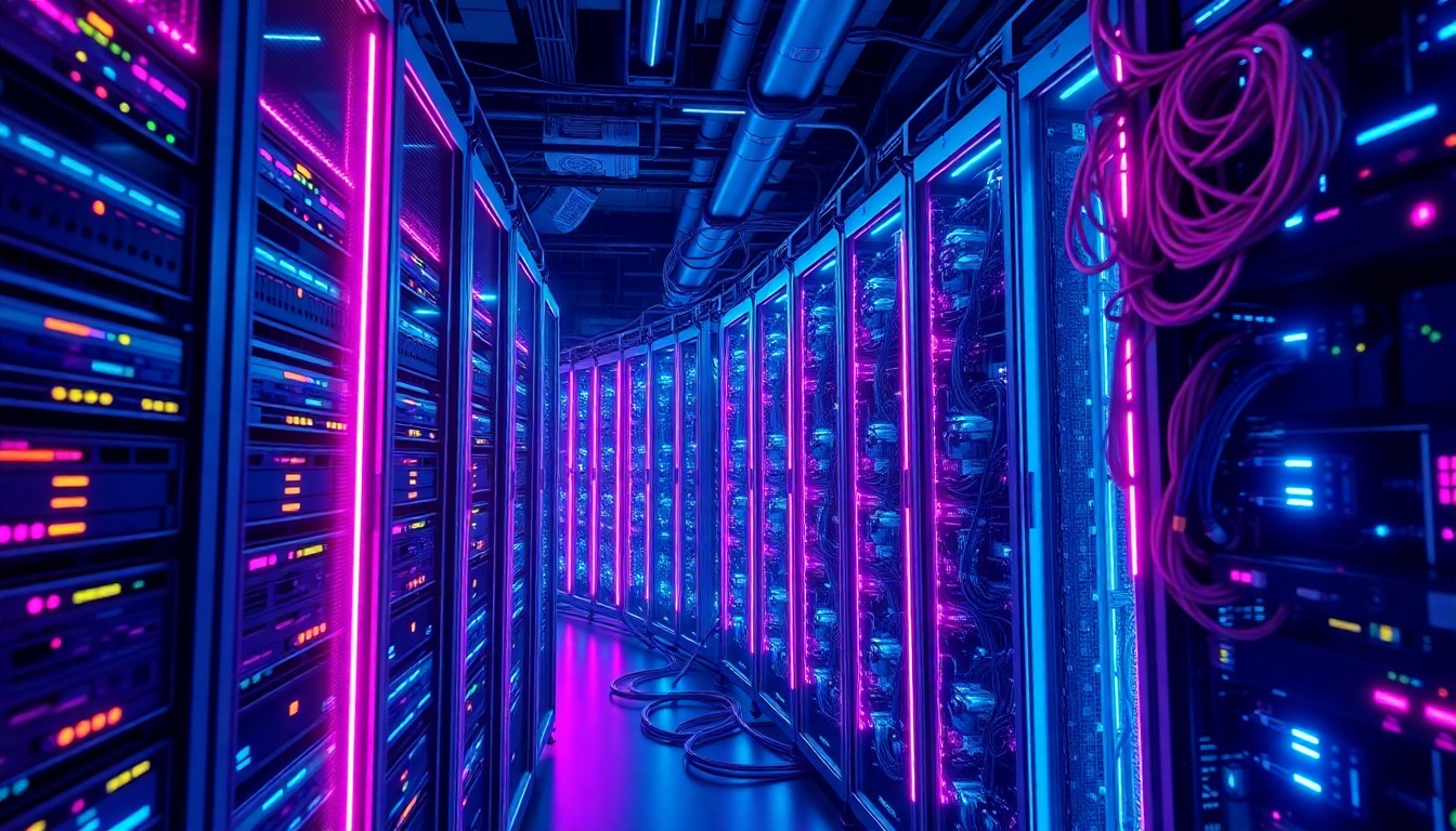 A highly detailed, glowing 3D illustration of a futuristic data center server rack, with neon cyan and magenta lights illuminating the complex hardware and cables, conceptually representing the scale and technological sophistication of modern data infrastructure.