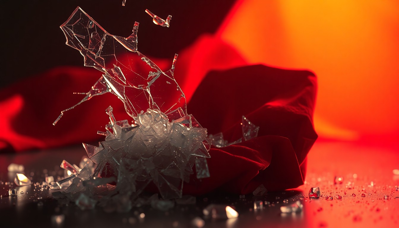 An abstract close-up photograph of shattered glass and crumpled fabric in dramatic high-contrast lighting, conveying the fragility and emotional weight of the Kennedy family's loss.