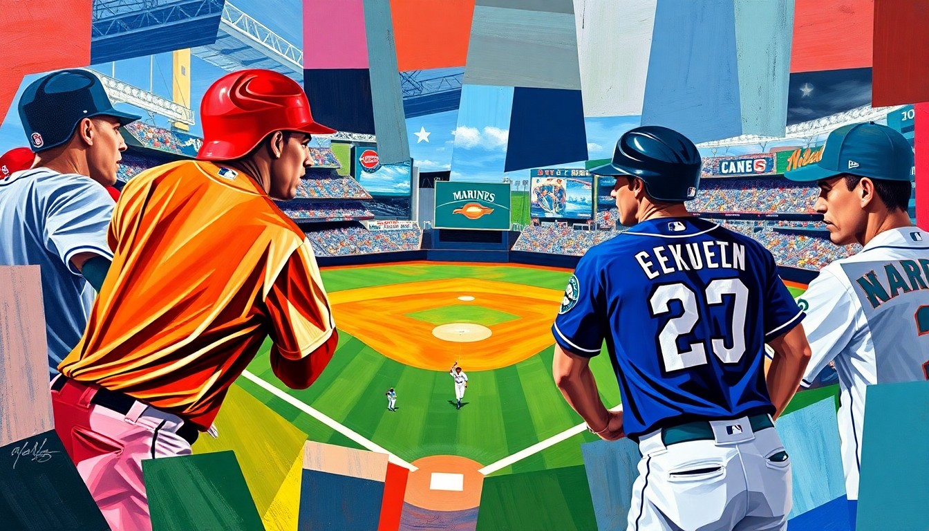 A cubist, geometric painting featuring overlapping planes of bright blues, greens, and reds, representing the action and movement of a baseball game between the Texas Rangers and Seattle Mariners.