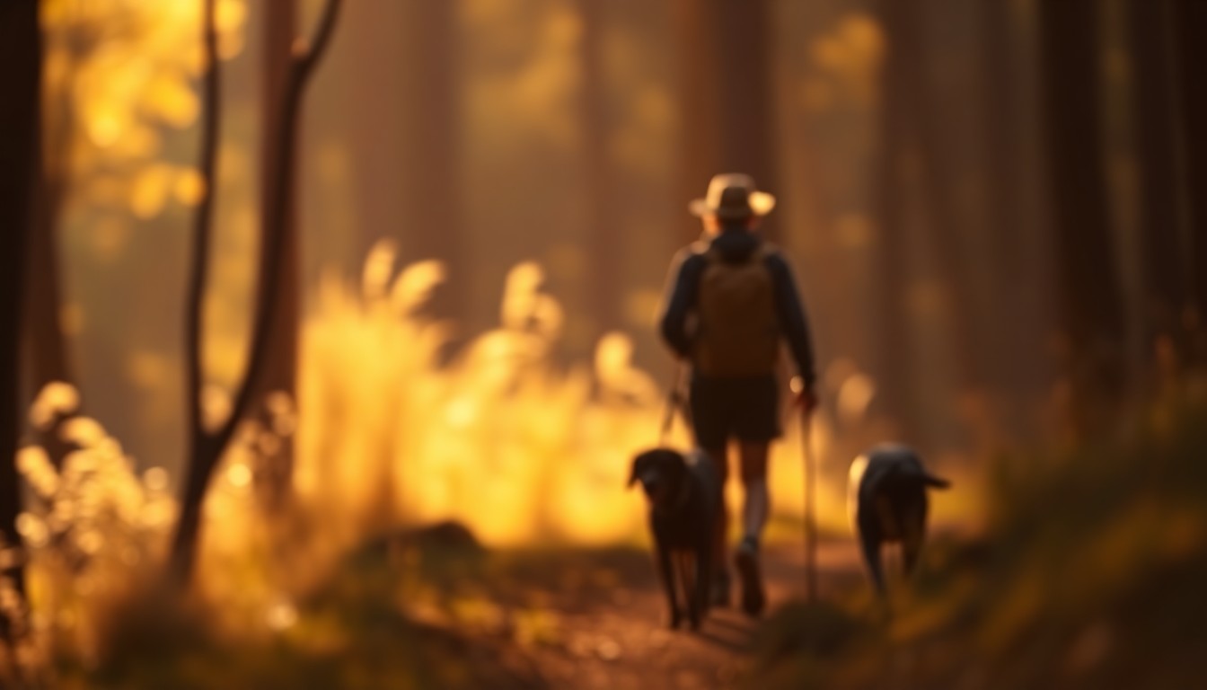 An abstract, out-of-focus photograph showing the shadowy outlines of a person and dog hiking on a wooded trail, with the background blurred into soft, warm pools of light, conceptually representing the tranquility and potential risks of outdoor adventures with pets.