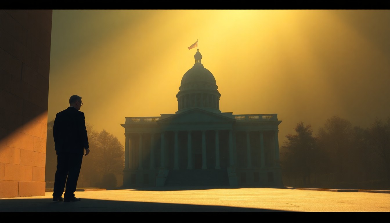 A dimly lit, cinematic painting of a government building or political figure cast in warm, diagonal sunlight, conveying a sense of solemnity and unease.