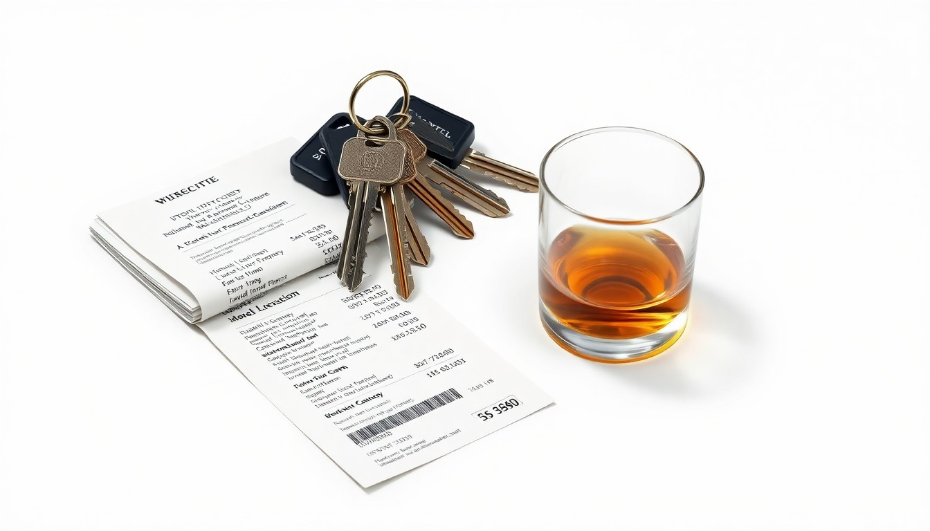 A photorealistic studio still-life featuring a stack of hotel room keys, a hotel receipt, and a glass of whiskey on a clean, monochromatic background, symbolizing the business of hotel operations and local tax revenue.