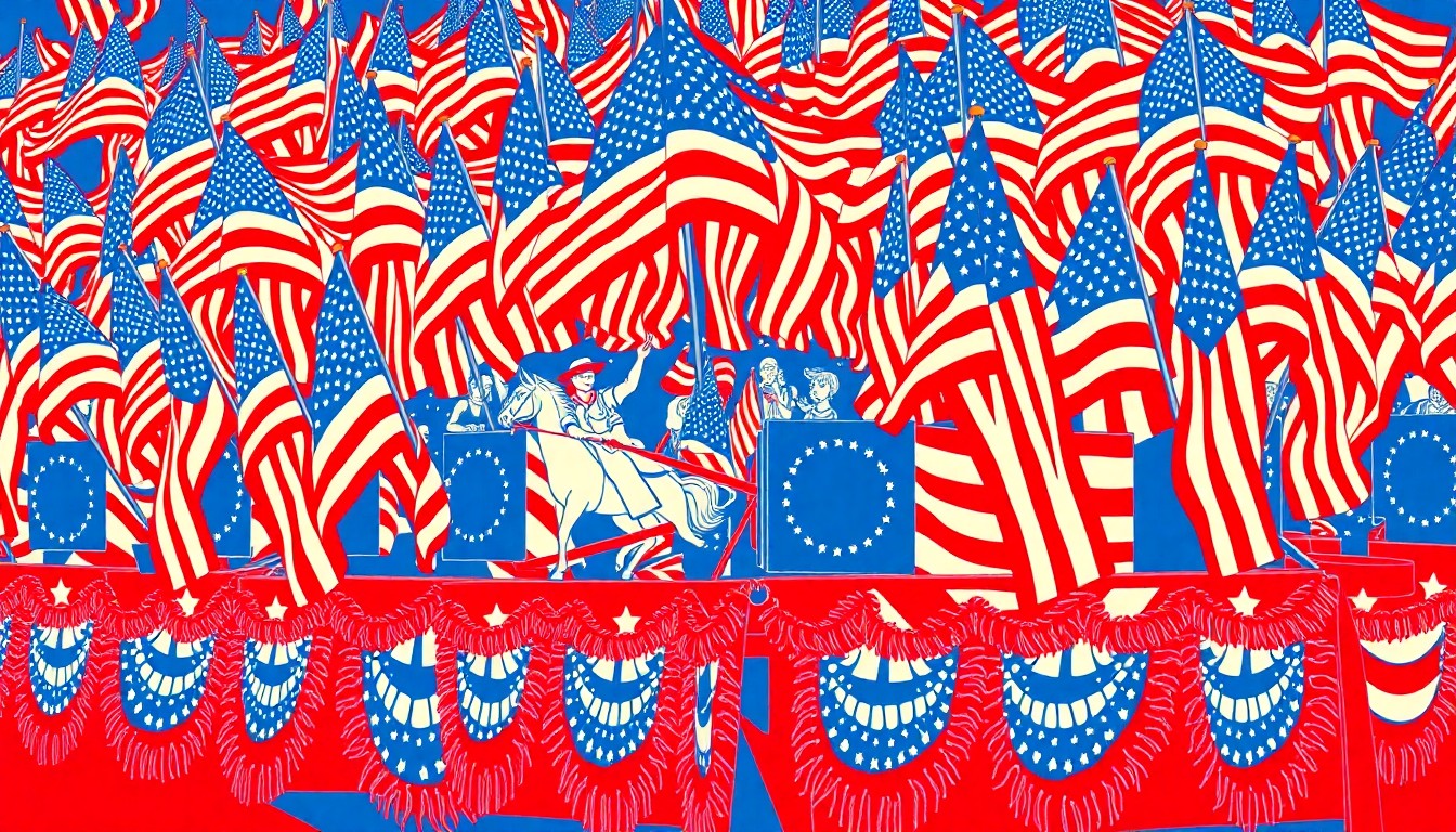 A bold, colorful silkscreen illustration featuring repeated images of a classic red, white, and blue parade float with waving American flags, capturing the celebratory spirit of a community parade.