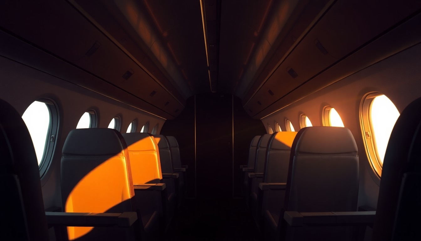 A cinematic painting of the interior of a commercial airliner cabin, with warm diagonal sunlight streaming through the windows and deep shadows casting a pensive mood, conceptually representing the complex legal questions surrounding a mid-flight birth.