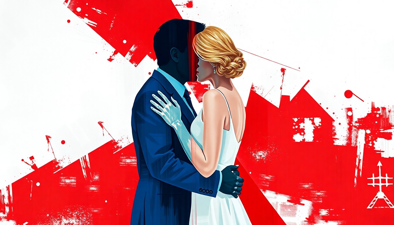 A fractured, abstract painting in red, white, and blue depicting the silhouettes of two figures in an embrace, conveying the complex and strained relationship between Ivanka Trump and Jared Kushner.