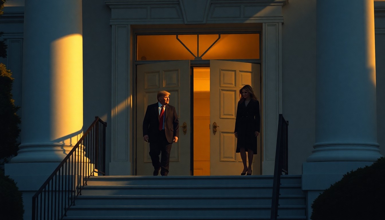 A serene, cinematic painting depicting Donald and Melania Trump slowly walking down the White House steps, their figures cast in warm, golden light and deep shadows, conveying a sense of caution and fragility.
