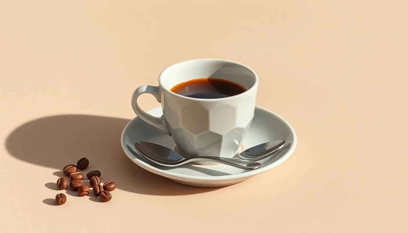A high-end, photorealistic studio still-life photograph featuring a polished, geometric coffee cup, saucer, and spoon arrangement in muted earth tones on a clean, monochromatic background, conceptually representing the premium, thoughtful nature of the La La Land Kind Cafe brand.