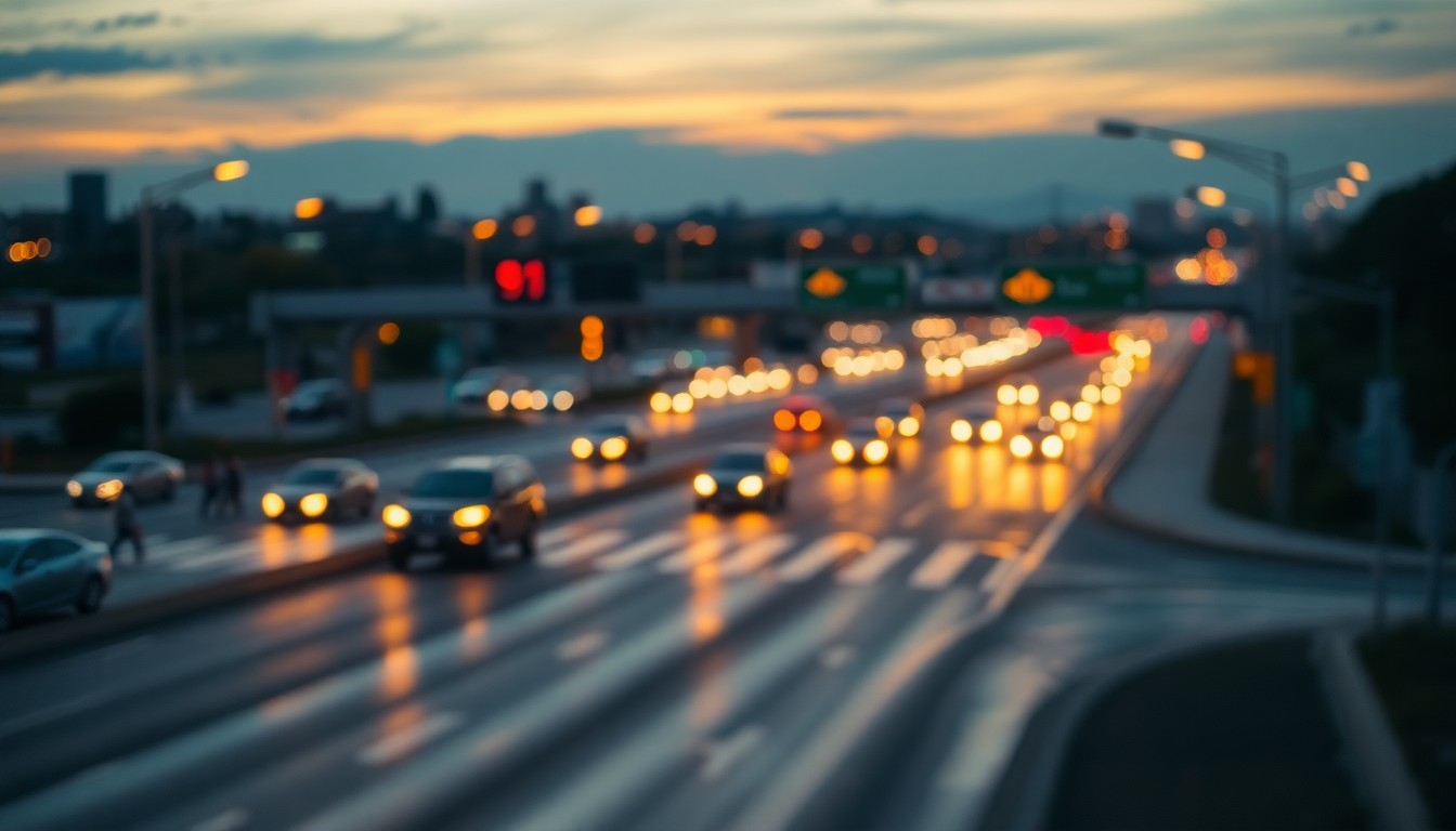 An abstract, impressionistic photograph of a busy highway intersection at dusk, with blurred streetlights and taillights creating a warm, atmospheric scene.