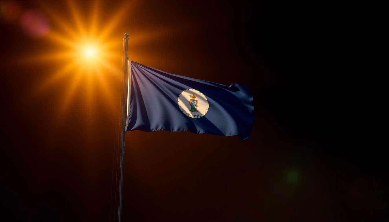 A close-up view of a Kentucky state flag hanging at half-staff on a government building, with the flag's fabric and pole casting long shadows across the facade in warm, golden light, conceptually representing the solemnity of this official mourning gesture.