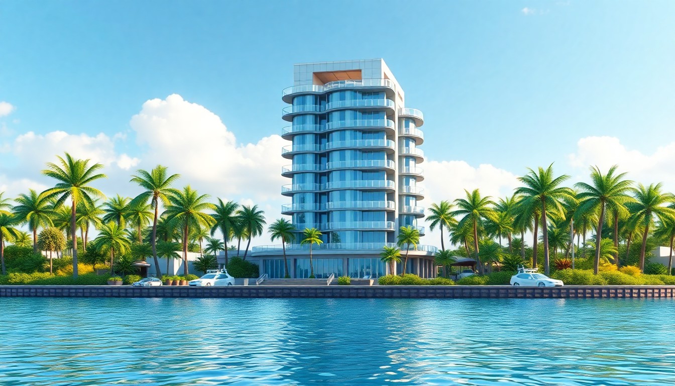 A highly detailed, stylized 3D digital illustration depicting a modern, glass and steel condominium tower surrounded by lush tropical foliage and overlooking a calm body of water, conveying a sense of high-end, celebratory development along the West Palm Beach waterfront.