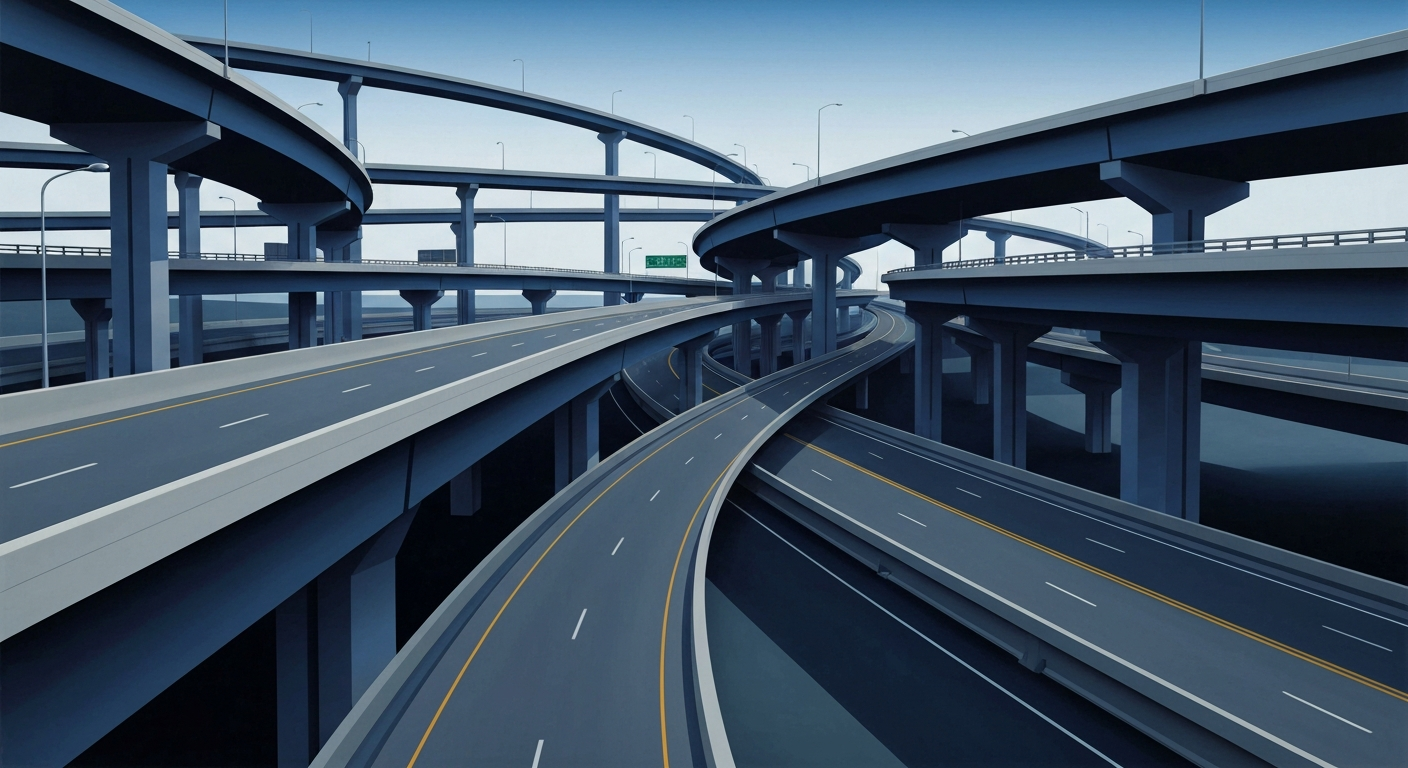 A conceptual illustration in the Art Deco style, featuring sweeping, geometric highway overpasses and ramps in shades of blue and gray, capturing the grand scale and infrastructure of a major interstate closure.