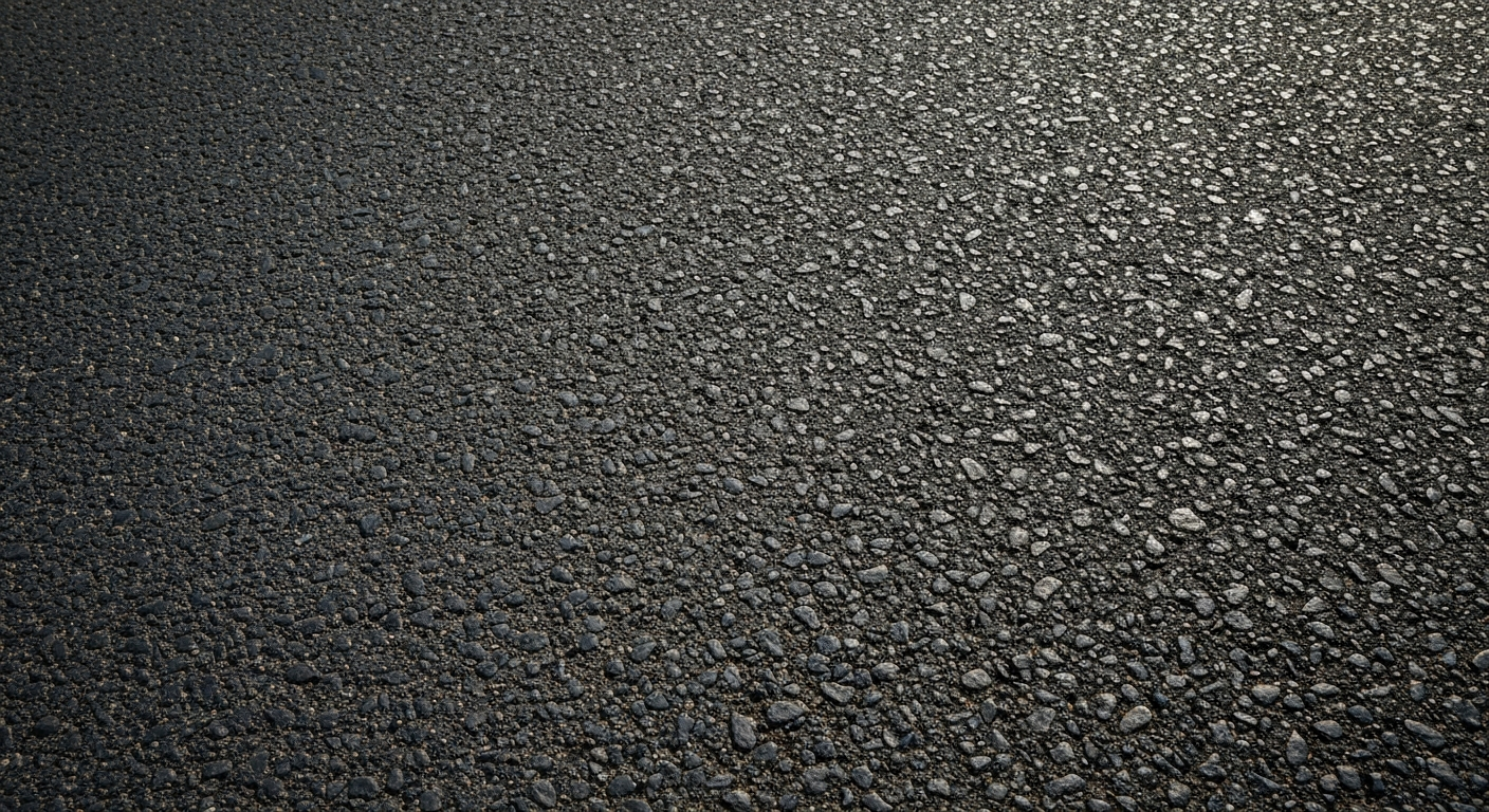 An extreme close-up of the rough, pebbled texture of an asphalt highway surface, with subtle variations in shades of black, grey, and brown, conveying the rugged materiality of road construction.