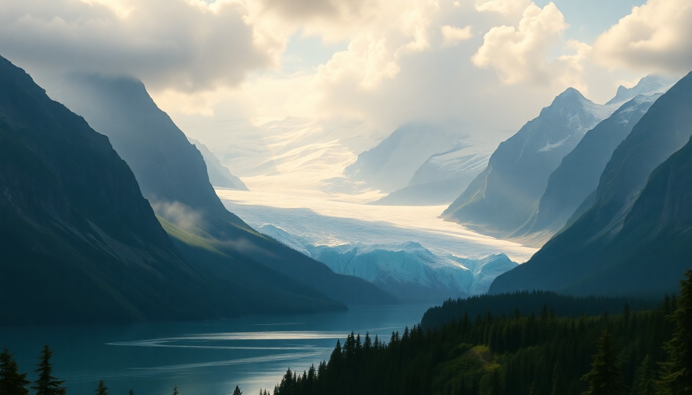 A vast, majestic landscape painting depicting the Mendenhall Glacier in Juneau, Alaska, with the glacier and surrounding mountains dominating the scene in a sublime, atmospheric style.