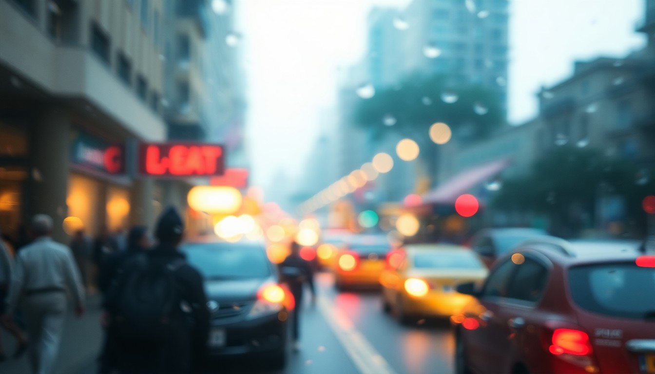 An abstract, impressionistic scene of a busy urban street, with blurred shapes of pedestrians and vehicles captured through a rain-streaked lens, conveying a sense of motion and atmosphere.