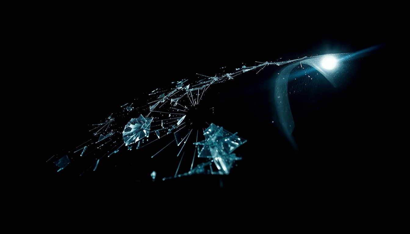 An extreme close-up photograph of a shattered car windshield or broken headlight lens, capturing the dramatic texture and material details under harsh, direct lighting to conceptually illustrate the aftermath of a serious traffic accident.