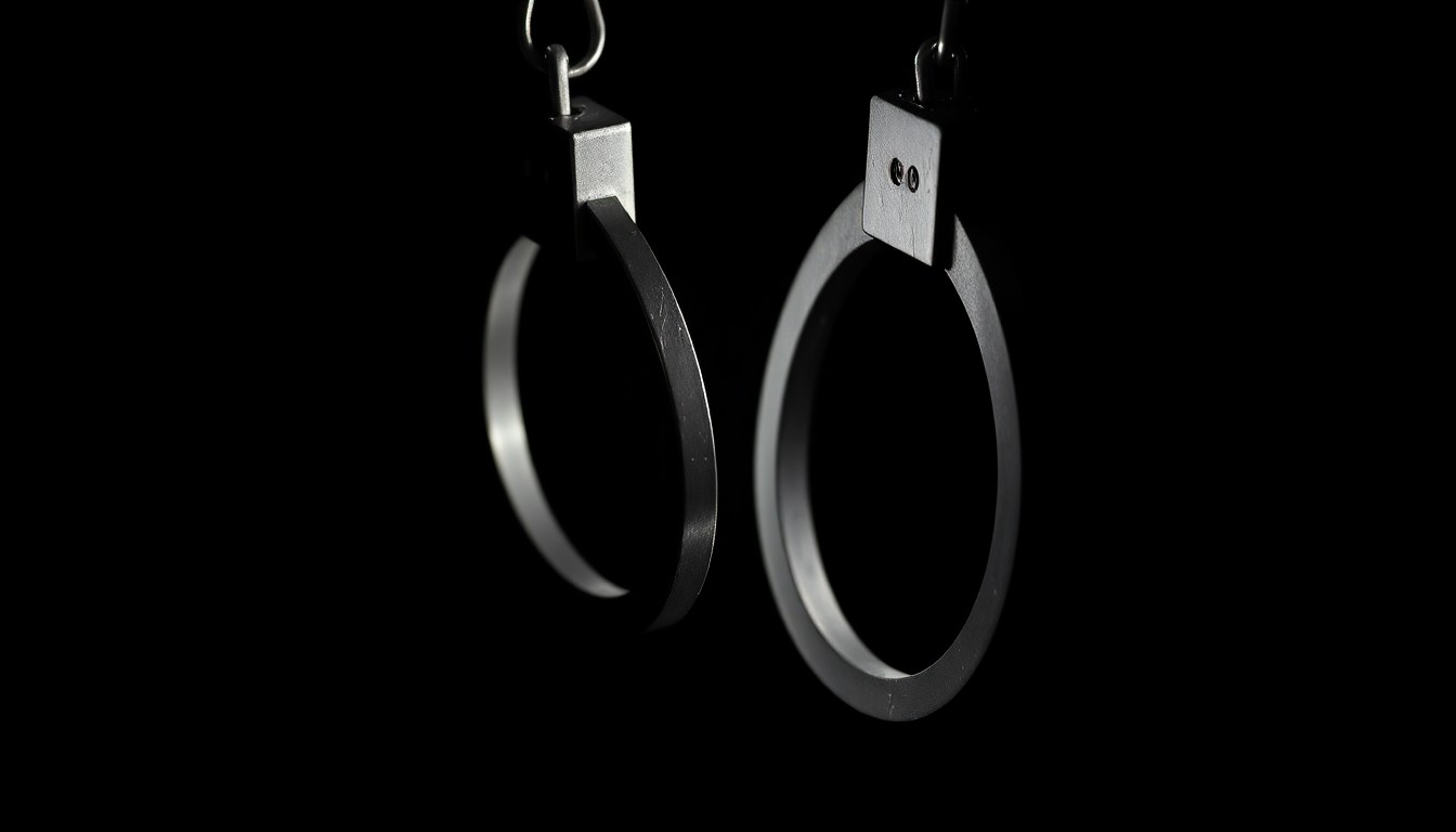 An extreme close-up photograph of a pair of handcuffs against a pitch-black background, lit by a harsh, direct camera flash, creating a stark, gritty, investigative aesthetic that conceptually represents the report's findings on wrongful convictions and the criminal justice system's failures.