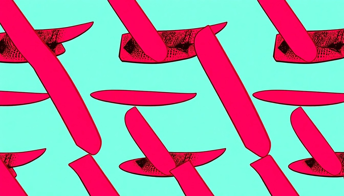 A high-contrast silkscreen print of a steak knife repeated in a grid, rendered in vibrant neon colors and heavy black outlines, conceptually representing the indulgent steakhouse experience at Bavette's Bar & Boeuf.