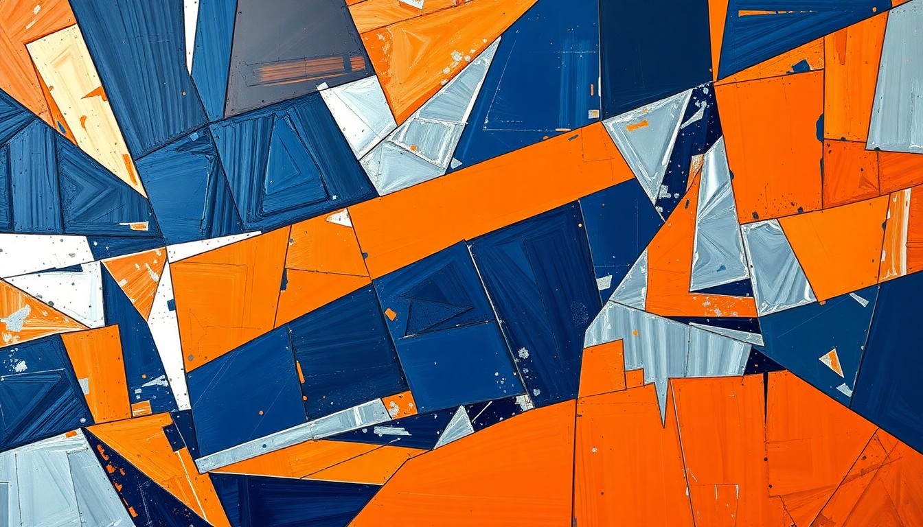 A fragmented, abstract painting depicting a basketball game or competition, with sharp geometric shapes in navy, orange, and silver overlapping to create a sense of motion and energy.