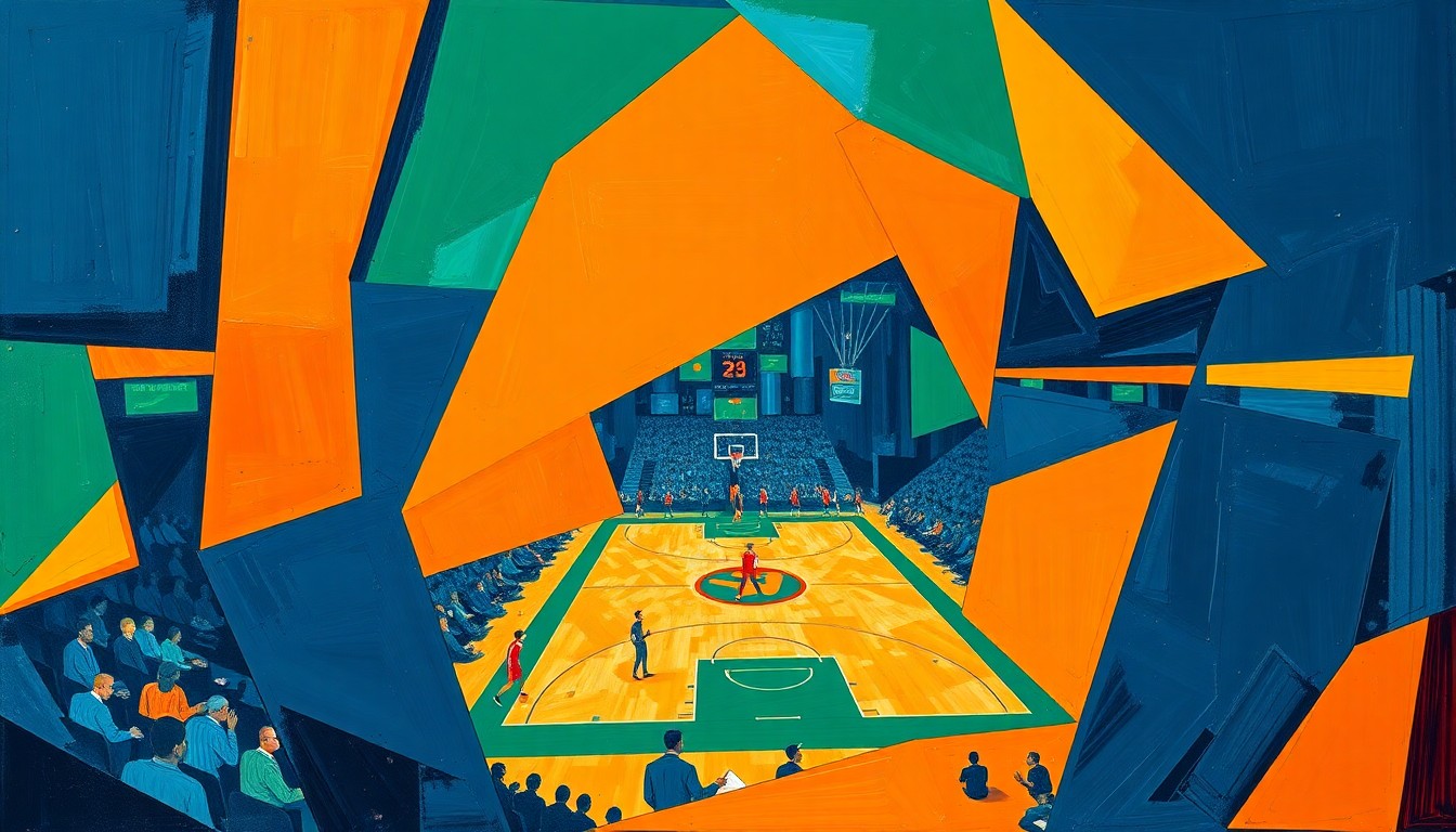 A cubist, geometric painting depicting the fragmented action of a college basketball game, with sharp planes of navy, orange, and green intersecting to create a dynamic, abstract composition.