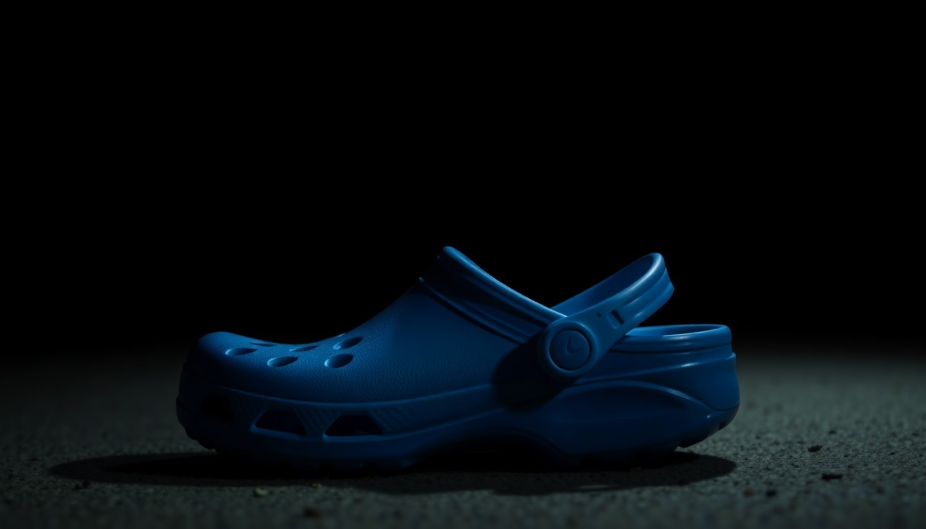 An extreme close-up photograph of a blue Croc shoe lying on the ground, the harsh flash creating dramatic shadows and textures to convey the urgency and gravity of the search for the missing child.