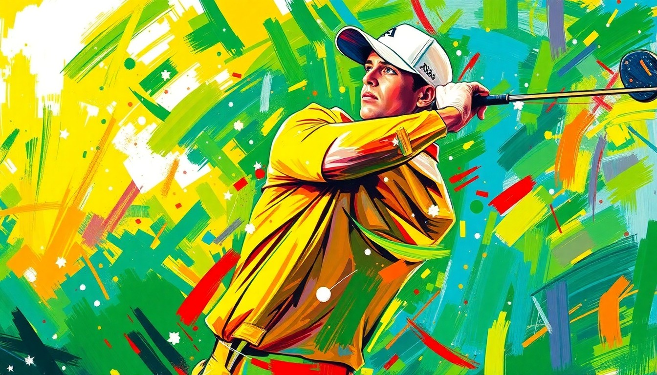 An abstract, energetic painting featuring bold brushstrokes in vibrant neon colors, capturing the dynamic motion and intensity of a golfer's swing on the course.