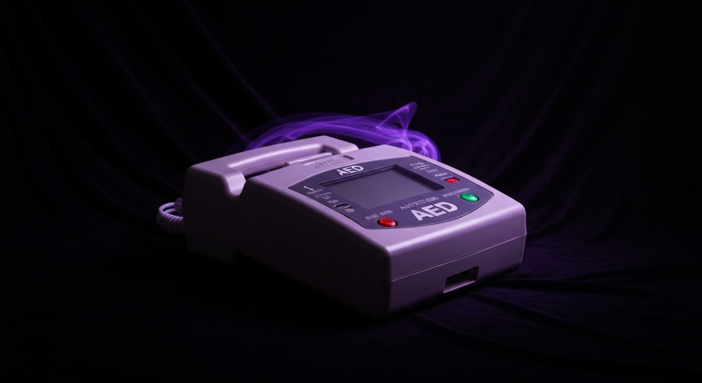 A translucent X-ray photograph showing the internal structure of an automated external defibrillator (AED) device, with its electronic components and wiring visible as ghostly glowing lines against a dark background.