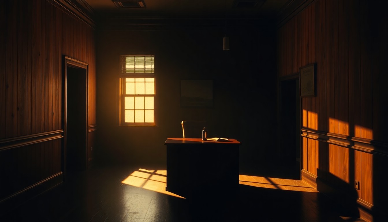 A quiet, cinematic painting of a solitary government office desk in a shadowy, wood-paneled room, bathed in warm, diagonal sunlight and deep shadows, conceptually illustrating the political tensions surrounding the Justice Department's probe into Iran-related leaks.