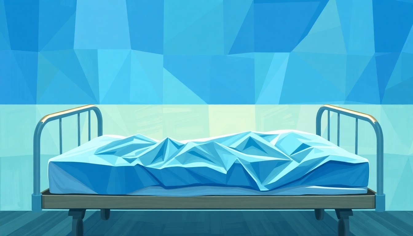 A heavily textured, fragmented painting in shades of blue and green, depicting an empty hospital bed, conveying the conceptual tension between religious beliefs and LGBTQ healthcare policies.