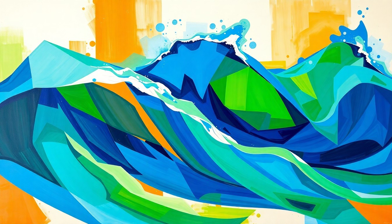 An abstract, dynamic painting with overlapping, fractured geometric shapes in shades of blue, green, and orange, conveying the energy and momentum of a local election.