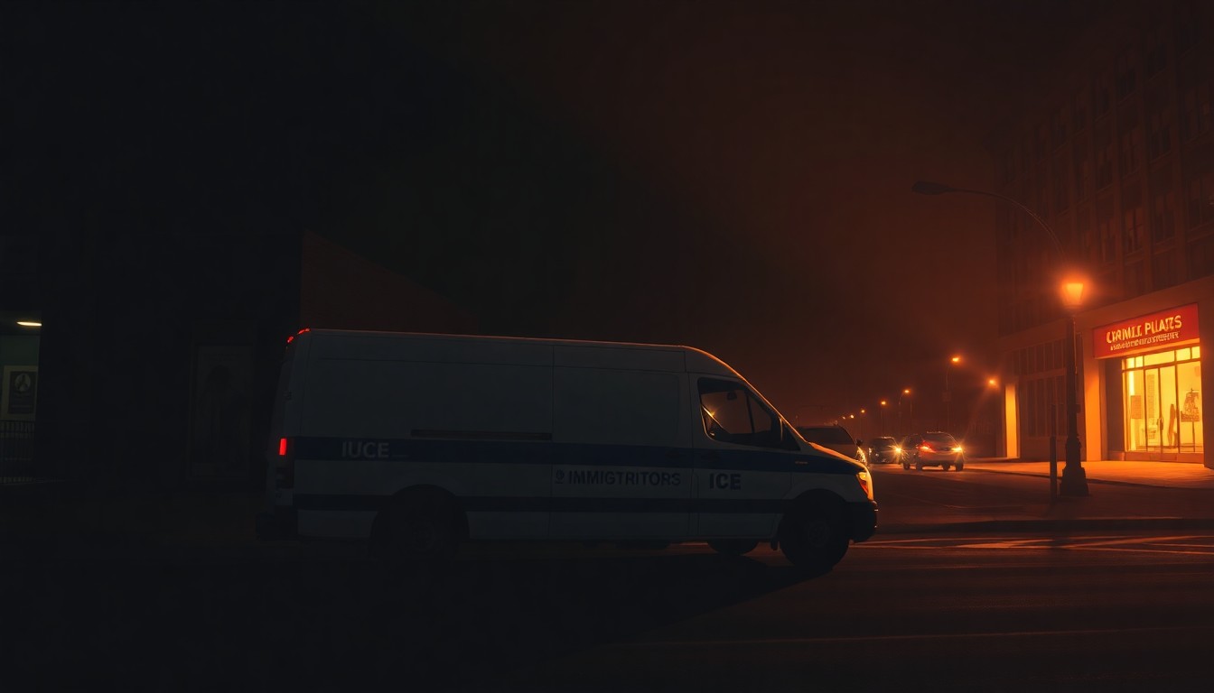 A cinematic painting of a lone ICE vehicle parked on a shadowy urban street, capturing the quiet tension and unease surrounding the detentions.