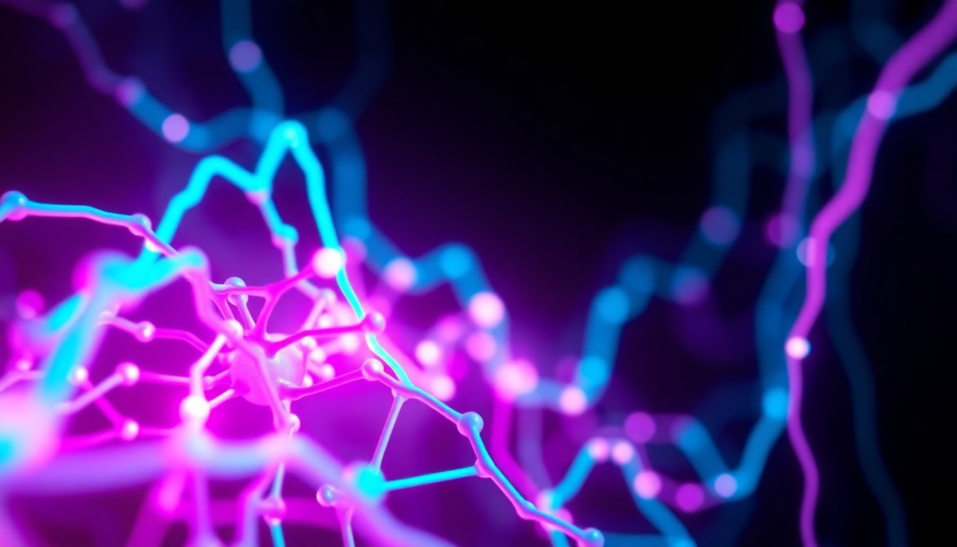 A highly detailed, glowing 3D illustration of a complex neural network structure illuminated by pulsing neon cyan and magenta lights, conceptually representing the integration of AI systems into research workflows.