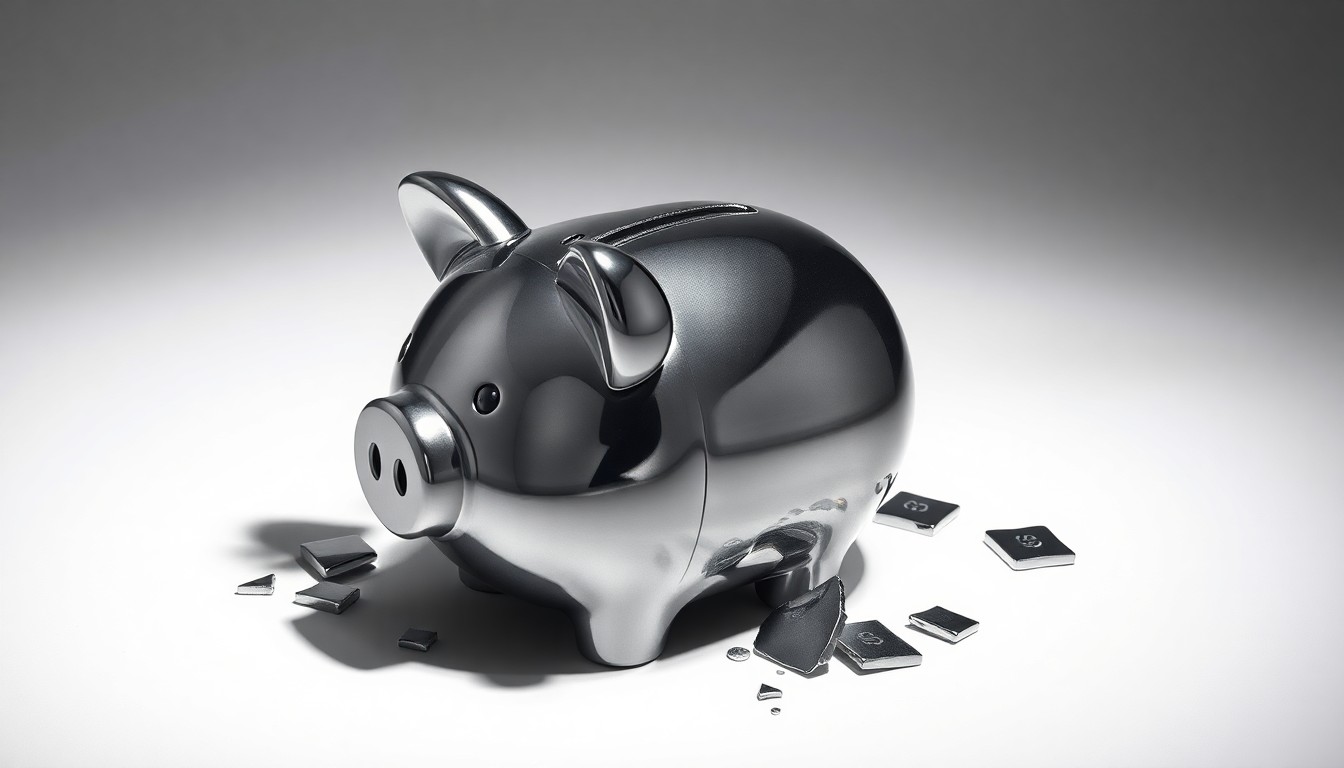 A photorealistic studio still-life photograph featuring a shattered chrome piggy bank on a clean white background, conceptually representing the financial losses caused by the alleged securities fraud.