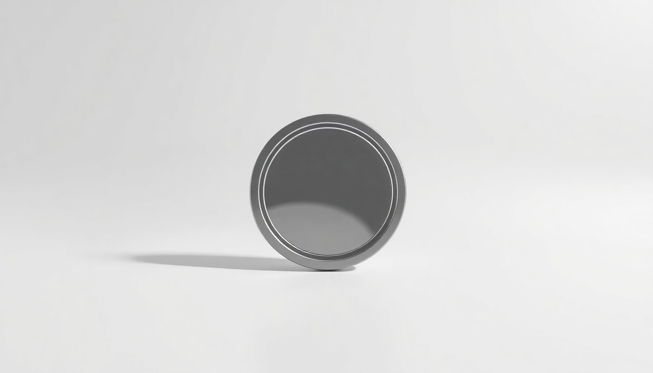 A photorealistic studio still-life image featuring a single, polished metal trash can lid or recycling bin lid centered on a clean, monochromatic background, casting dramatic shadows and reflecting the studio lighting in a conceptual representation of the financial performance of a waste management company.