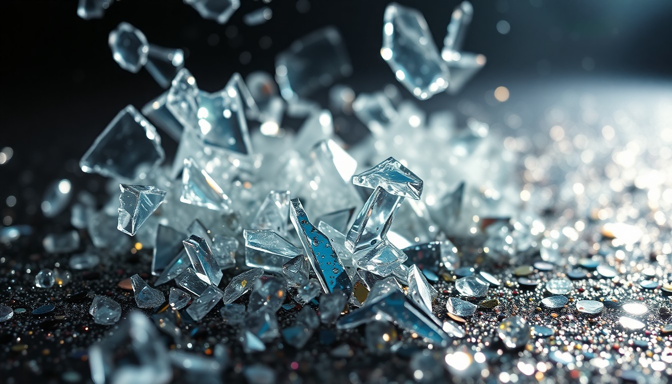 An abstract close-up photograph of shimmering, textured materials like shattered glass and sequins, captured in dramatic studio lighting to evoke the experimental energy of Bilmuri's music.