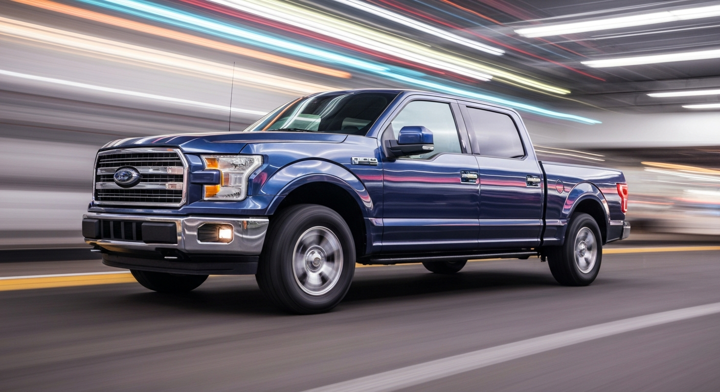 An abstract, colorful image created with sweeping, blurred brushstrokes that convey the speed and energy of a Ford F-150 pickup truck in motion, conceptually representing the importance of reliable windshield wipers for driver safety.