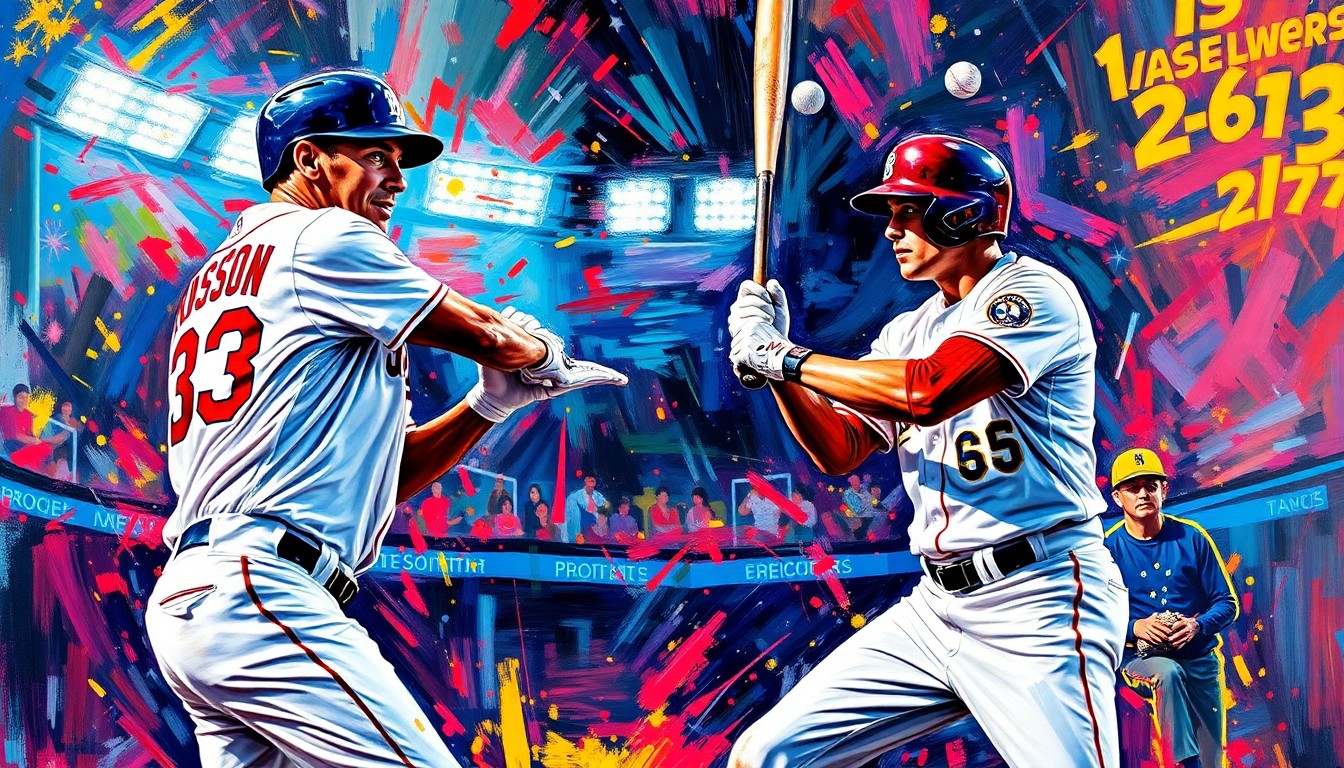 A dynamic, abstract painting featuring bold, neon-colored brushstrokes that capture the kinetic energy and intensity of a high-stakes baseball game between the Boston Red Sox and Milwaukee Brewers.