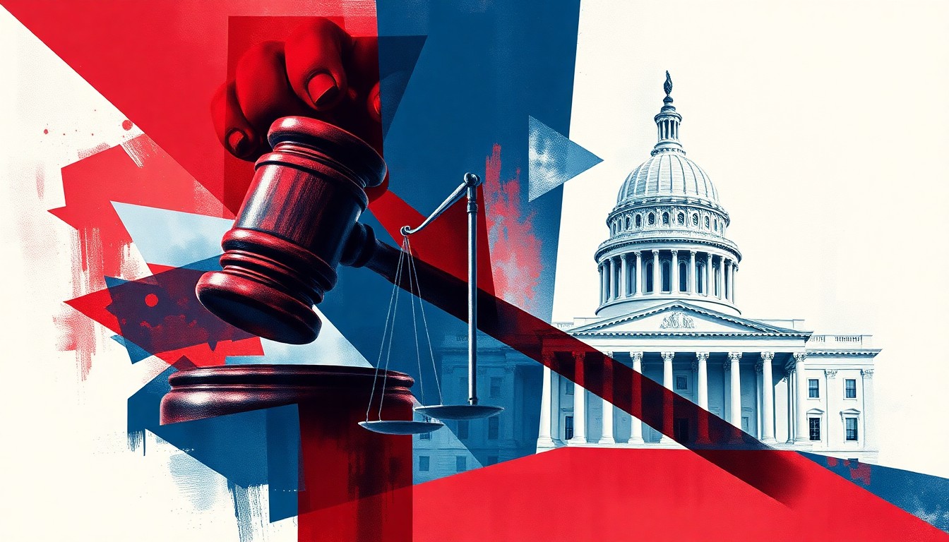 A dynamic, fragmented painting in red, white, and blue hues depicting abstract symbols of the justice system in a state of disruption, conveying the partisan tensions surrounding the pursuit of political prosecutions.