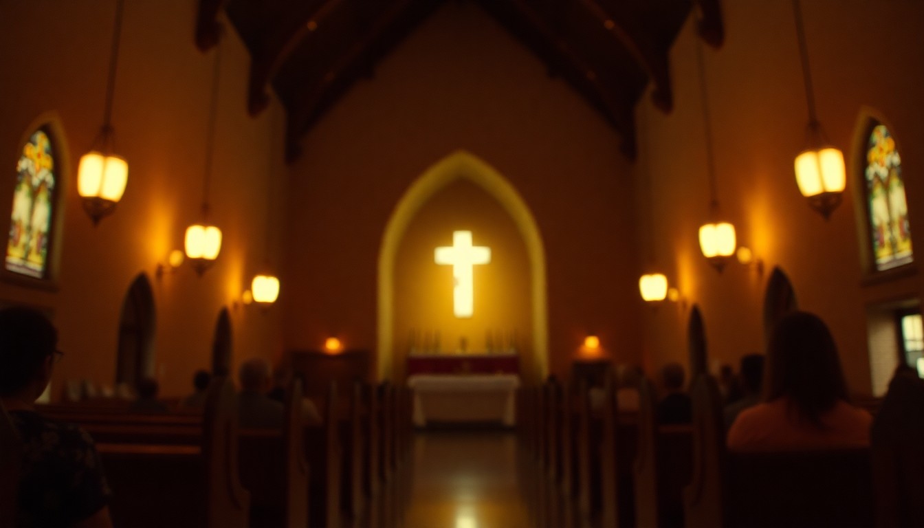 An extremely abstracted, out-of-focus photograph of a dimly lit Catholic church interior, with soft pools of warm light and color, conveying a sense of reverence and community spirit.