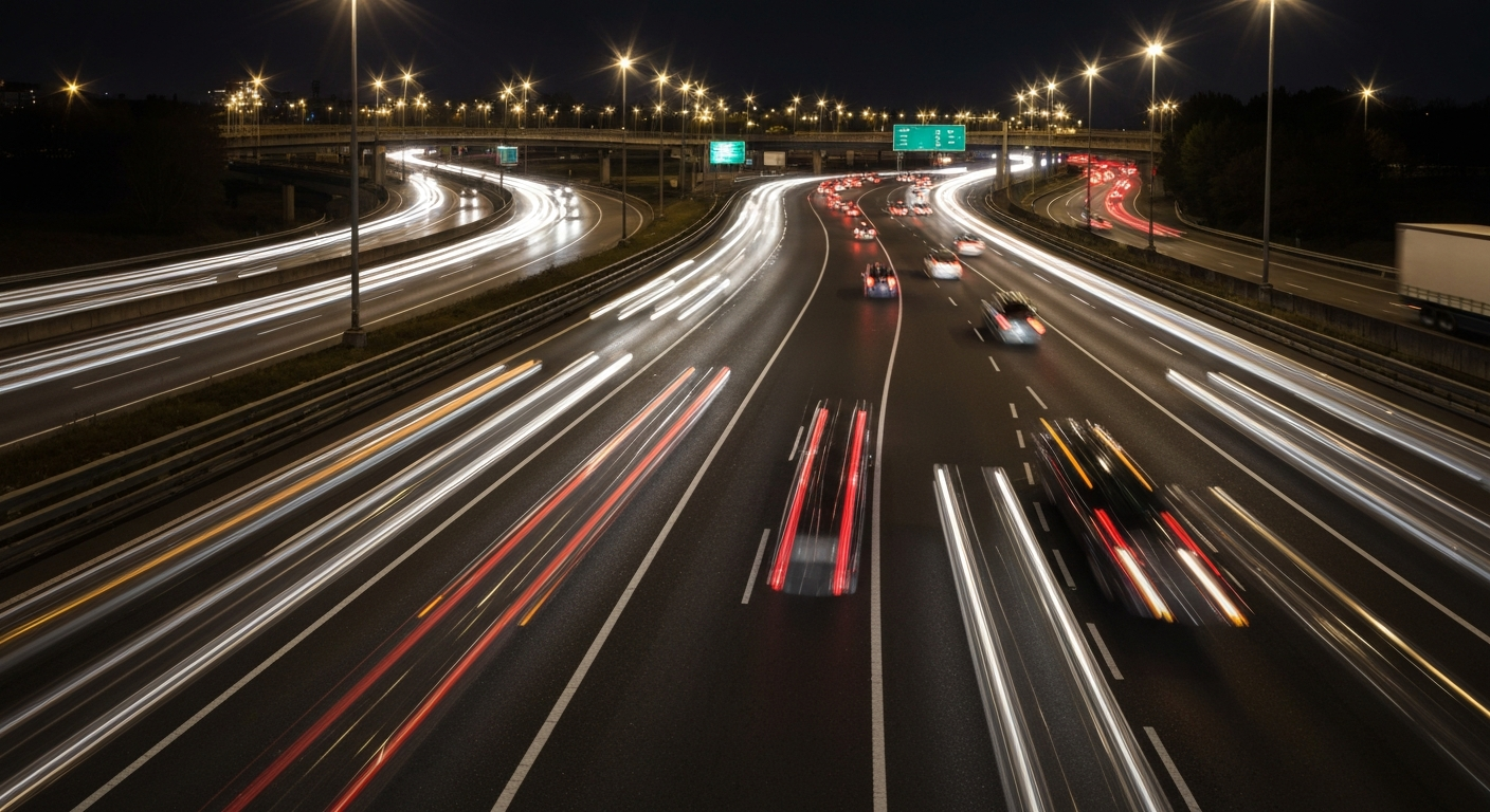 A vibrant, abstract image of blurred car and truck lights streaking across a highway interchange at night, conveying the chaos and motion of a major traffic disruption.