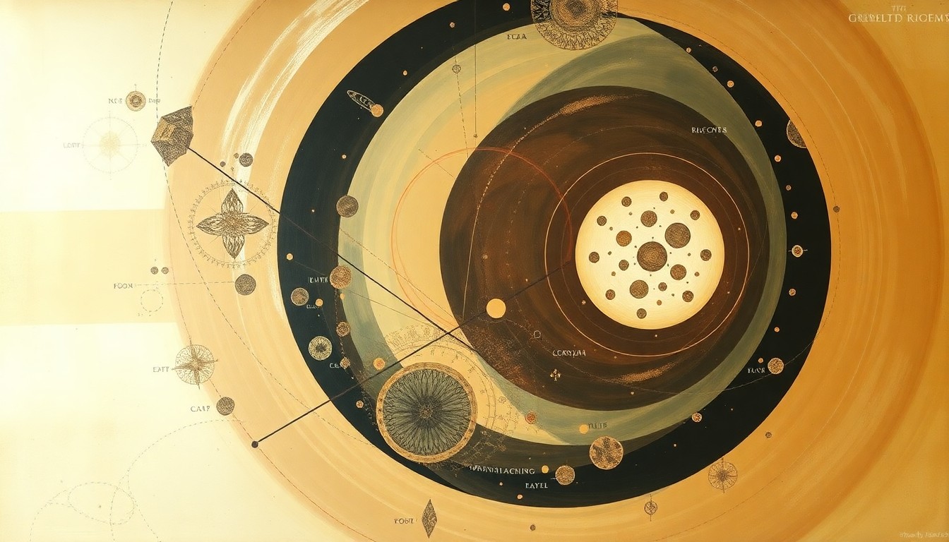 A highly structured abstract painting in soft earth tones, featuring sweeping geometric arcs, concentric circles, and precise botanical spirals, conceptually representing the complex forces and scientific concepts behind the Artemis II moon mission.