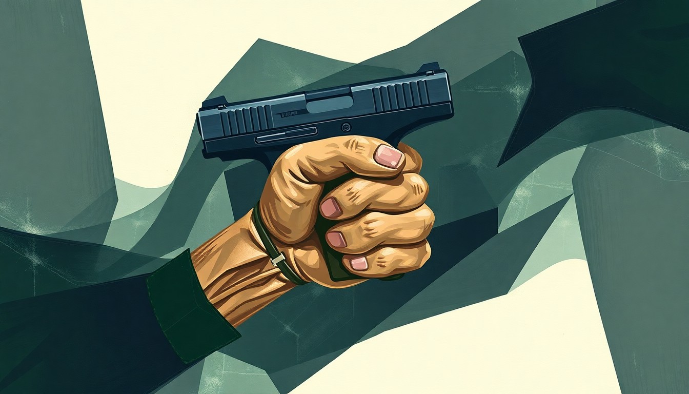 An abstract, fragmented painting depicting a disabled hand holding a pistol with a brace attachment, conveying the political debate over regulating such devices.
