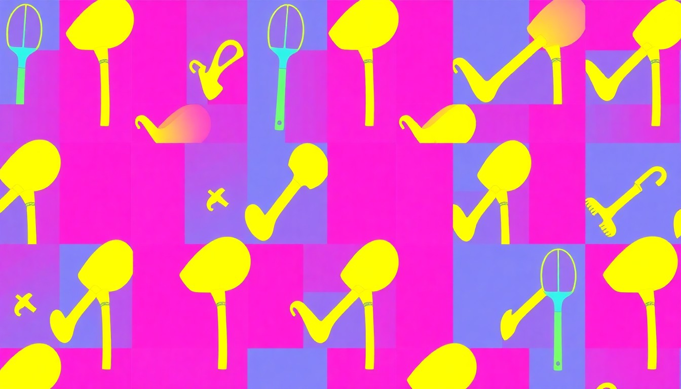 A high-contrast, silkscreen-style illustration featuring a repeated pattern of a gardening tool, such as a trowel or watering can, in a grid of bold, neon colors, conceptually representing the energy and variety of the spring plant sales in the Huntsville region.