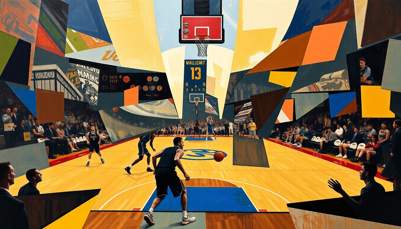 A cubist, geometric illustration depicting a fractured, multi-perspective view of a college basketball game, with players and the court deconstructed into abstract shapes and planes of color.