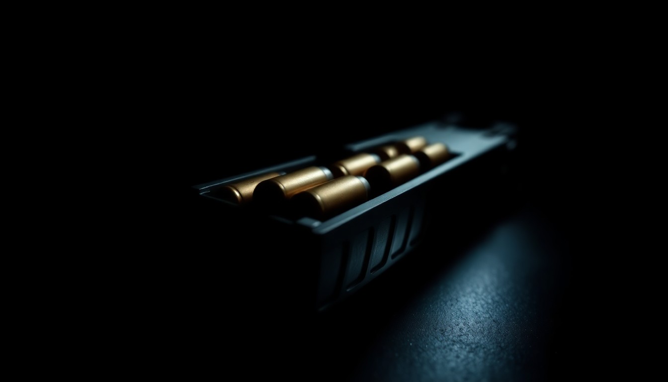 An extreme close-up photograph of a seized firearm magazine loaded with ammunition, lit by a harsh, direct camera flash against a pitch-black background, conceptually illustrating the dangerous intersection of drug crimes and illegal gun possession.