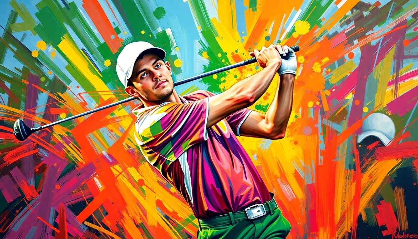 An abstract, energetic painting featuring bold, neon-colored brushstrokes that capture the dynamic motion of a golfer swinging a club, representing the excitement and anticipation surrounding Rory McIlroy's potential back-to-back Masters victories.
