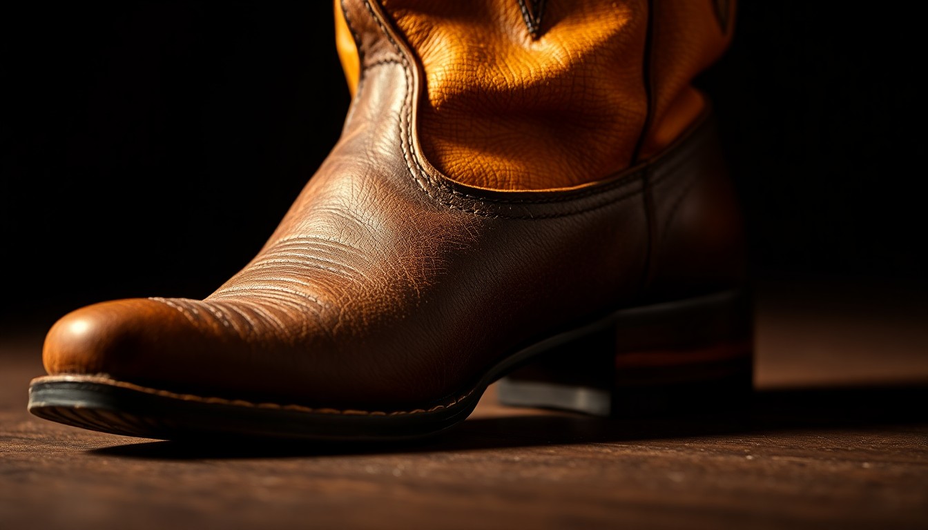 An extreme close-up photograph of a cracked and weathered leather boot, captured in dramatic high-contrast studio lighting to create a glamorous, high-fashion aesthetic that conceptually represents the rugged, lived-in character of country music.