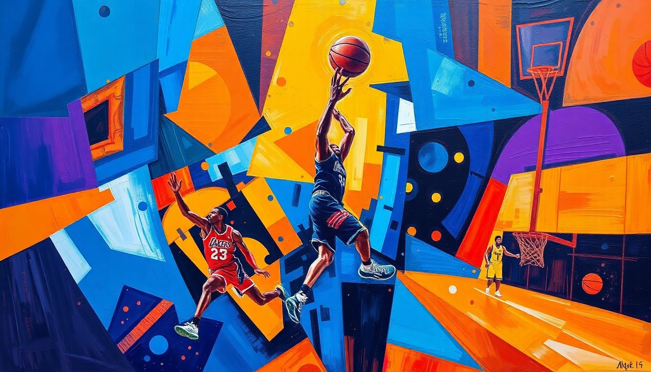 A fragmented, geometric painting in vibrant colors depicting the motion and energy of a basketball player, conceptually representing the physical demands on star athletes.