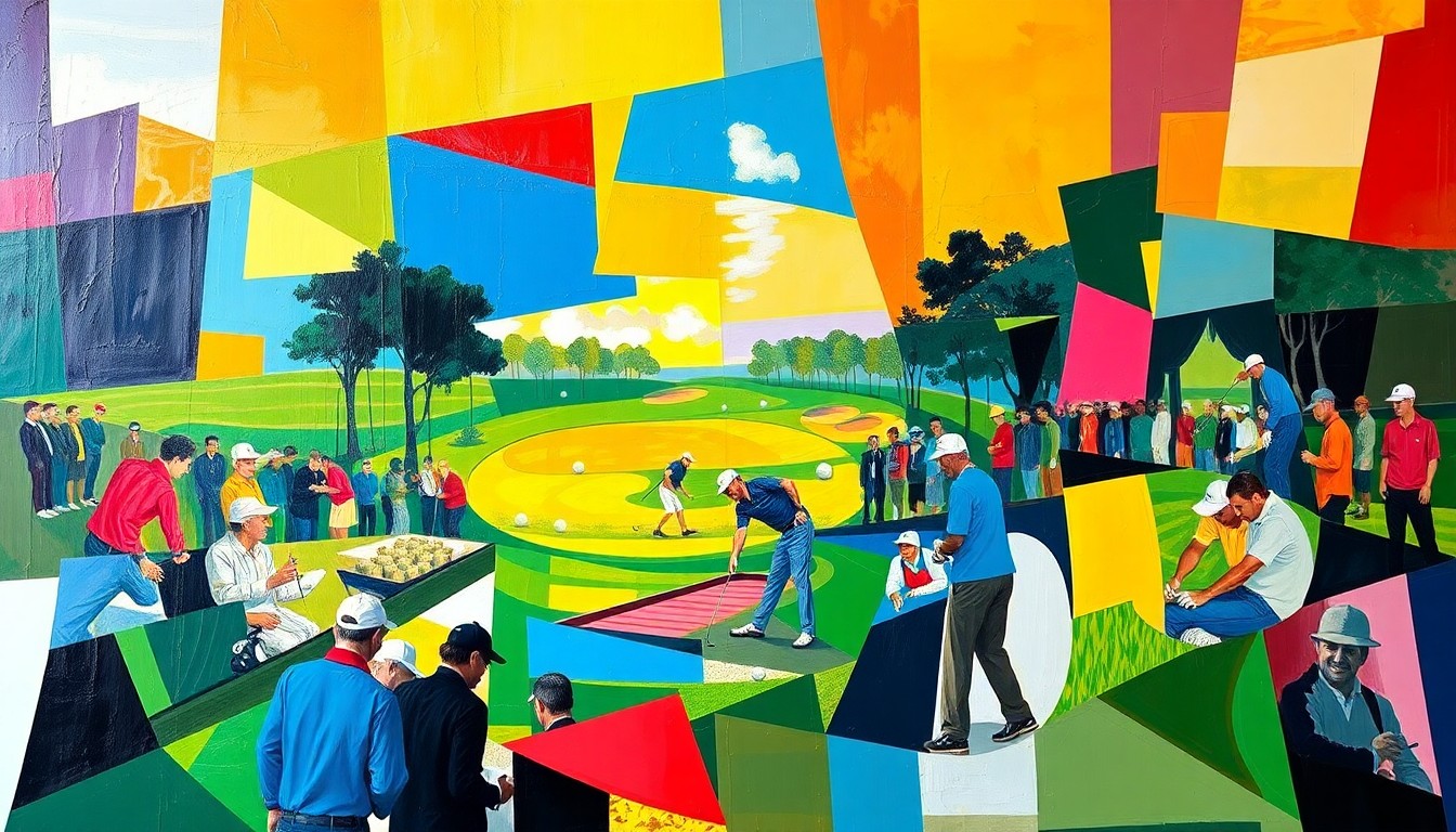 A fractured, multi-perspective painting in vibrant colors and dynamic geometric shapes, representing the energy and movement of a golf tournament.