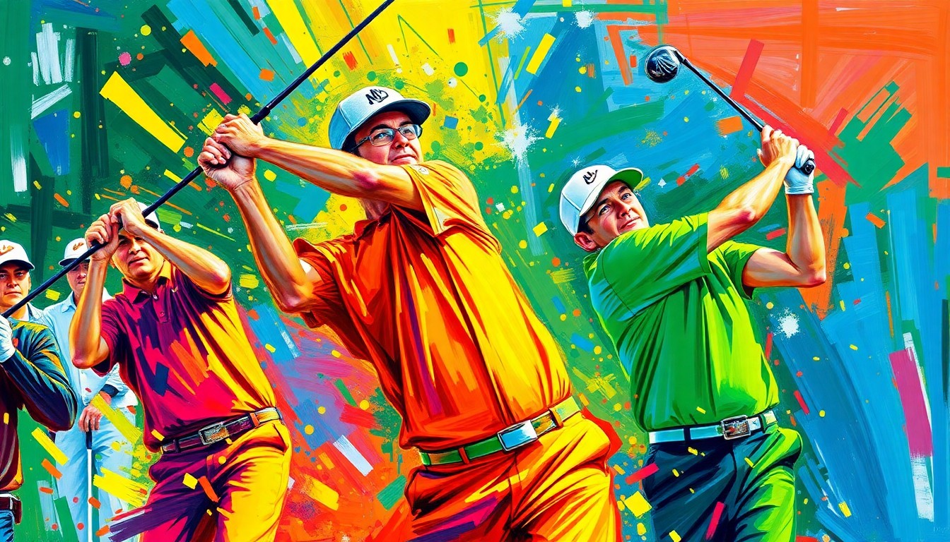 An abstract, energetic painting featuring bold brushstrokes in neon greens, oranges, and blues, conceptually representing the excitement and movement of the Masters golf tournament.