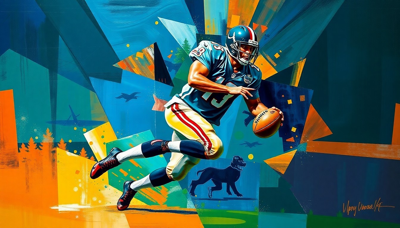 A cubist, geometric painting depicting a football player in mid-motion, with their body fractured into sharp, overlapping planes of deep blues, forest greens, and burnt oranges, conveying the dynamic energy and multiple perspectives of the sport.